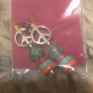 Handmade Vintage Peace Sign Beaded Drop Earrings in Turquoise & Coral